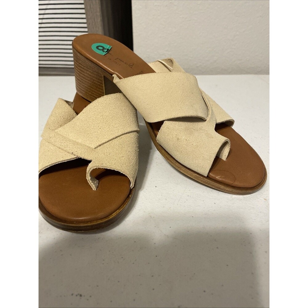 Mila Paoli Slide Sandals Womens 8 Tan Suede Crisscross Block Heel Made in Italy